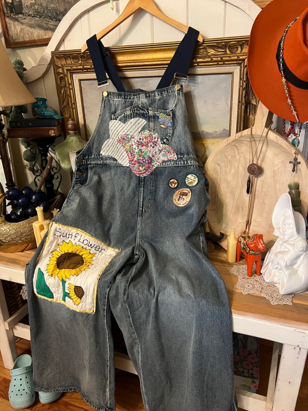 OOAK Vintage Gardening Eclectic Grandpa Upcycle Overalls Quilted Poppy - Picture 6 of 12